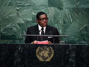 In this Wednesday, Sept. 30, 2015, Teodoro Nguema Obiang Mangue, Vice-President of Equatorial Guinea, speaks during the 70th session of the United Nations General Assembly at U.N. headquarters. (AP Photo/Frank Franklin II, File)