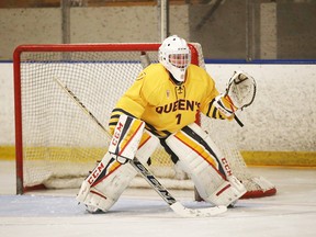 Sudbury native and Queen's Golden Gaels starting netminder Stephanie Pascal keeps an eye on the play during OUA women's hockey action last season. Ian MacAlpine/For The Sudbury Star