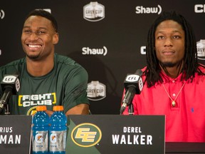 Edmonton Eskimos receivers Adarius Bowman, left, and Derel Walker speak at a press conference at TD Place Stadium on Nov. 19, 2016, a day ahead of the CFL's East Division final. (Ashley Fraser)