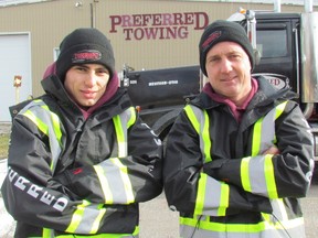 Gary Vandenheuvel, right, owner of Preferred Towing, and his son, Collin Vandenheuvel, are the subjects of a new Discovery Channel TV series. Paul Morden/Sarnia Observer