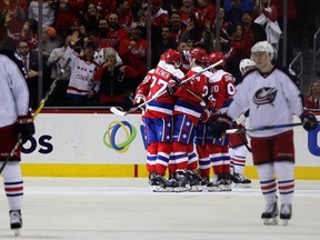 Members of the Washington Capitals celebrate a third period goal against the Columbus Blue Jackets at Verizon Center on January 5, 2017 in Washington, DC. (Rob Carr/Getty Images)