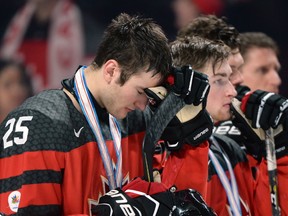 Canada forward Nicolas Roy reacts after losing to the United States in gold medal game hockey action at the IIHF World Junior Championship, Thursday, January 5, 2017 in Montreal. (THE CANADIAN PRESS/Paul Chiasson)