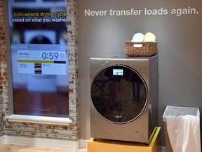 Whirlpool's All-In-One Washer and Dryer Combo is displayed at CES 2017 at the Sands Expo and Convention Center on January 5, 2017 in Las Vegas, Nevada. The USD 1,499 unit will be available at the end of this year and does not require the user to transfer clothes from a washer to a separate dryer and automatically dispenses the correct amount of detergent based on each load. CES, the world's largest annual consumer technology trade show, runs through January 8 and features 3,800 exhibitors showing off their latest products and services to more than 165,000 attendees. (Photo by Ethan Miller/Getty Images)