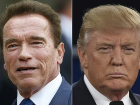 This combination of pictures created on January 06, 2017 shows recent pictures of
US actor and former governor of California Arnold Schwarzenegger (L) and US President Elect Donald Trump. As Donald Trump readies to move into the Oval Office, Arnold Schwarzenegger has steppedas host of the reality show "Celebrity Apprentice". In a pair of early morning tweets Friday, Trump ripped into the "Terminator" actor-turned-politician, mocking the viewer figures for the season premiere this week -- and calling himself a "ratings machine" by comparison. Schwarzenegger, 69, tweeted back at Trump: "I wish you the best of luck and I hope you'll work for ALL of the American people as aggressively as you worked for your ratings." / AFP PHOTO / THOMAS SAMSON AND Paul J. Richards