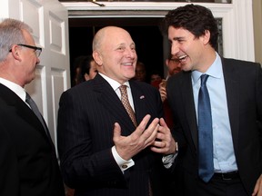 U.S. Ambassador Bruce Heyman welcomes Prime Minister Justin Trudeau to his official residence, Lornado, for a holiday party that he and his wife, Vicki Heyman, hosted for hundreds of guests on Tuesday, December 8, 2015. (Caroline Phillips/Postmedia Network)