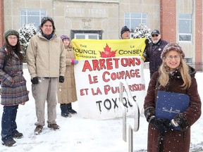 John Lappa/Sudbury Star
Barbara Ronson-McNichol, foreground, and supporters gather outside the Sudbury Court House on Wednesday, following a judge's decision regarding the group's attempt to seek an injunction to stop logging in the Benny Forest northwest of Greater Sudbury. Ronson-McNichol died last week.