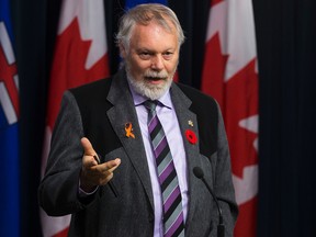 Don MacIntyre, the Wildrose's Electricity and Renewables critic, speaks to the media about the Province's Climate Leadership Plan, at the Alberta Legislature, in Edmonton on Monday Oct. 31, 2016. Photo by David Bloom