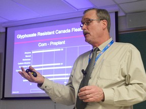 Peter Sikkema gives a presentation on Roundup-resistant weeds at the University of Guelph's Ridgetown Campus Thursday morning. Sikkema, a professor at the University, says the weeds were originally found in Essex County and have spread past Toronto in some cases.
