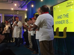 The "Gorilla Pirate Hackers" being announced as first place winners at the event. Roy is on the far left holding a microphone. (Contributed photo)