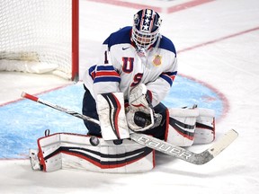 London Knights goaltender Tyler Parsons (1) makes a save against Canada during second period gold medal game hockey action at the IIHF World Junior Championship. (The Canadian Press)