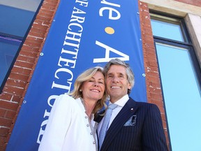 Gino Donato/Sudbury Star
Rob and Cheryl McEwen unveil the new sign for the McEwen School of Architecture after announcing their investment of $10 million in downtown Laurentian facility on June 29.