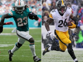 Running backs Jay Ajayi (left) of the Dolphins and Le'Veon Bell (right) of the Steelers go head-to-head in the AFC Wild Card game in Pittsburgh on Sunday. (Wilfredo Lee/Bill Wippert/AP Photos/Files)