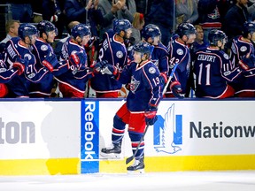 Cam Atkinson of the Columbus Blue Jackets is congratulated by his teammates after scoring a power-play goal during the first period of the game against the New York Rangers on Jan. 7, 2017 at Nationwide Arena in Columbus, Ohio. (KIRK IRWIN/Getty Images)