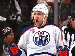 Mark Letestu of the Edmonton Oilers celebrates his game winning powerplay goal at 3:59 of overtime against the New Jersey Devils at the Prudential Center on January 7, 2017 in Newark, New Jersey.