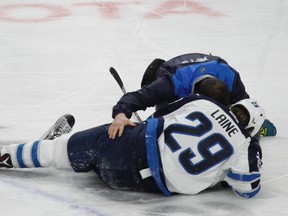 Patrik Laine was injured on a hit during the Winnipeg Jets loss on Jan. 7 in Buffalo. (AP Photo/Jeffrey T. Barnes)