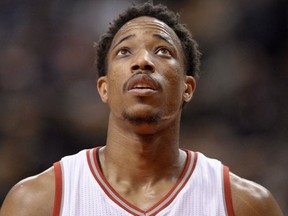 Toronto Raptors guard DeMar DeRozan reacts to a loss to the Houston Rockets following NBA basketball action in Toronto on Sunday, January 8, 2017. (THE CANADIAN PRESS/Frank Gunn)