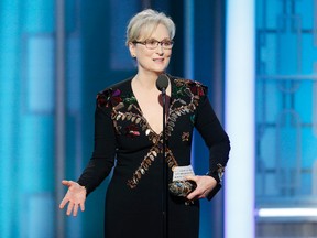 In this handout photo provided by NBCUniversal, Meryl Streep accepts Cecil B. DeMille Award during the 74th Annual Golden Globe Awards at The Beverly Hilton Hotel on January 8, 2017 in Beverly Hills, California. (Photo by Paul Drinkwater/NBCUniversal via Getty Images)