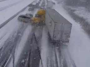 Screengrab of a crash on Highway 401 east of Toronto on Saturday, Jan. 7, 2016. (YouTube)