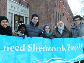 Friends of Sherbrook Pool president Marianne Cerilli (left) and former Coun. Harvey Smith (second from right), along with swimmer Abriham Mohamed, and board members Will Tarleton, Jessica Dressler and Matt Austman (from left) helped lead a lobbying campaign in 2013 to ensure the pool would remain open. On Monday, that effort came to fruition. (Kevin King/Winnipeg Sun file photo)