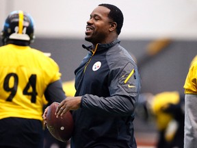 In this Jan. 13, 2016, file photo, Pittsburgh Steelers assistant coach Joey Porter runs a drill during practice in Pittsburgh. (AP Photo/Gene J. Puskar, File)