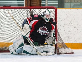Goaltender Doug Johnston of the Gananoque Islanders, seen in action in a game against the Amherstview Jets earlier this season, made 52 saves to backstop the Isles to a 4-3 win over the Napanee Raiders in a Provincial Junior Hockey League game on Sunday night in Gananoque. (The Whig-Standard)