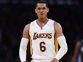Los Angeles Lakers guard Jordan Clarkson celebrates after dunking during the first half of an NBA basketball game against the Orlando Magic, Sunday, Jan. 8, 2017, in Los Angeles. (AP Photo/Mark J. Terrill)