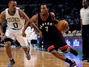 Kyle Lowry of the Toronto Raptors drives against Avery Bradley #0 of the Boston Celtics during the first half at TD Garden on December 9, 2016 in Boston, Massachusetts. (Maddie Meyer/Getty Images)