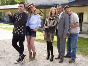 Actors Daniel Levy, left to right, Annie Murphy,Catherine O'Hara, Eugene Levy, Chris Elliott are shown in this undated handout image from the CBC show 'Schitt's Creek'. (THE CANADIAN PRESS/HO-CBC-Steve Wilkie)