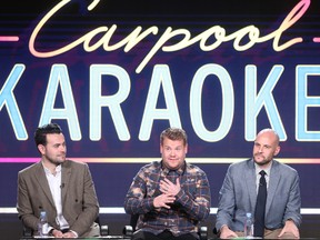 Executive producers Ben Winston, James Corden and Eric R. Pankowski of the television show 'Carpool Karaoke' speak onstage during the CBS portion of the 2017 Winter Television Critics Association Press Tour at the Langham Hotel on January 9, 2017 in Pasadena, California. (Photo by Frederick M. Brown/Getty Images)