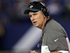 In this Jan. 1, 2017, file photo, Jacksonville Jaguars interim coach Doug Marrone watches from the sideline during the team's NFL football game against the Indianapolis Colts in Indianapolis. (AP Photo/AJ Mast, File)