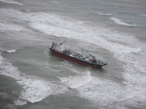 The Arca 1 is shown in a handout photo after it ran aground off the coast of Nova Scotia, Sunday, Jan.8, 2017. The Canadian Coast Guard says it will attempt early Tuesday to free a tanker that ran aground off Cape Breton. (THE CANADIAN PRESS/PHOTO)
