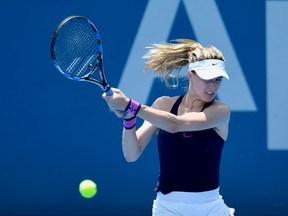 Eugenie Bouchard plays a backhand shot in her second round match against Dominika Cibulkova during Day 3 of the Sydney International at Sydney Olympic Park Tennis Centre on Jan. 10, 2017. (Brett Hemmings/Getty Images)