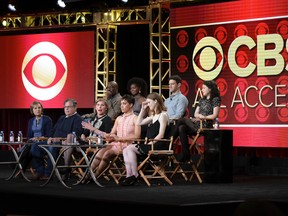 Delroy Lindo, back row from left, Erica Tazel, Justin Bartha, Sarah Steele, Michelle King, Robert King, Christine Baranski, Cush Jumbo and Rose Leslie attend "The Good Fight" panel at The CBS portion of the 2017 Winter Television Critics Association press tour on Monday, Jan. 9, 2017, in Pasadena, Calif. (Photo by Richard Shotwell/Invision/AP)