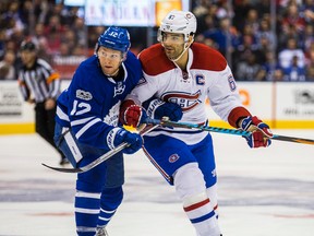 Toronto Maple Leafs' Connor Brown mixes it up with Montreal Canadiens' Max Pacioretty at the Air Canada Centre in Toronto on Jan. 7, 2017. (Ernest Doroszuk/Toronto Sun/Postmedia Network)