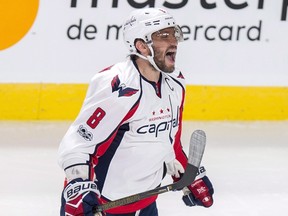 Washington Capitals left winger Alex Ovechkin celebrates a goal against the Montreal Canadiens during NHL action on Jan. 9, 2017 in Montreal. (THE CANADIAN PRESS/Paul Chiasson)