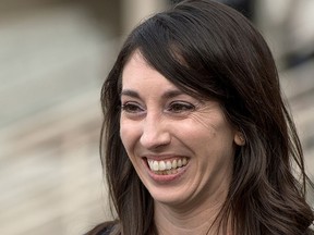 Michelle Susan Hadley addresses the media after being cleared of all charges in a plot to frame her, after coming out of court in Fullerton, Calif., Monday, Jan. 9, 2017. (Jeff Gritchen/The Orange County Register via AP)