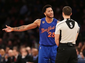 New York Knicks' Derrick Rose argues with a referee during an NBA game against the Boston Celtics on Dec. 25, 2016. (AP Photo/Seth Wenig)