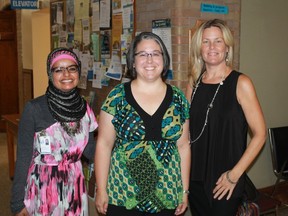 Sarnia-Lambton Local Immigration Partnership's (LIP) Aruba Mahmud, St. Michael and Sacred Heart Refugee Ministry's Emily Fortney-Blunt and LIP's Stephanie Ferrera. Fortney-Blunt was recognized for her tireless work on behalf of Syrian refugees by being named on the Mayor's annual Honour List for 2016. 
CARL HNATYSHYN/SARNIA THIS WEEK
