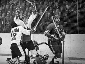 Paul Henderson celebrates his goal against the U.S.S.R. during the 1972 Summit Series in Moscow. (Scotiabank/screenshot)