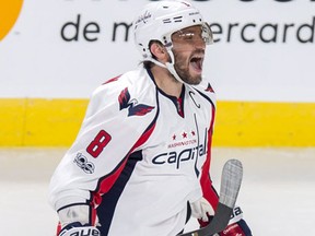 Washington Capitals left wing Alex Ovechkin celebrates his power play goal against the Montreal Canadiens during third period NHL hockey action Monday, January 9, 2017 in Montreal. (THE CANADIAN PRESS/Paul Chiasson)