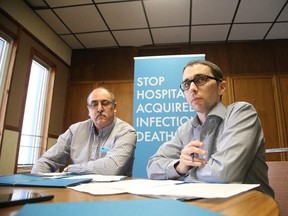 Nicholas Black, regional vice-president for Northern Ontario of the Ontario Council of Hospital Unions,right, addresses a news conference as 1st vice-president Louis Rodrigues looks on in Sudbury, Ont. on Tuesday January 10, 2017. Gino Donato/Sudbury Star/Postmedia Network