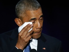 President Barack Obama wipes his tears as he speaks at McCormick Place in Chicago, Tuesday, Jan. 10, 2017, giving his presidential farewell address. (AP Photo/Charles Rex Arbogast)