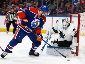 Edmonton Oilers forward Patrick Maroon is stopped by San Jose Sharks goaltender Martin Jones at Rogers Place on Tuesday, Jan. 10, 2017. (Ian Kucerak)