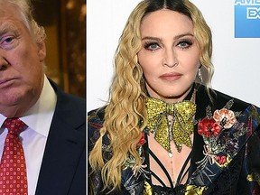 President-elect Donald Trump, left, and Madonna are pictured in these file photos. Madonna tells Harper's Bazaar in an interview published online Jan. 10, 2017, that Trump winning the White House is “like being dumped by a lover and also being stuck in a nightmare.”  (AFP/Getty Images and AP Files)