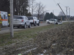 Photo from a single-car collision on Grand River Line Jan. 11. Extensive damage was done to the car itself, and a hydro pole was also damaged in the collision.