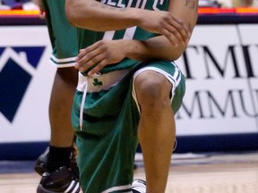 In this April 16, 2006 file photo, Boston Celtics' Orien Greene reacts after he fell and lost the ball during an NBA basketball game against the New Jersey Nets in East Rutherford, N.J. (AP Photo/Bill Kostroun, File)