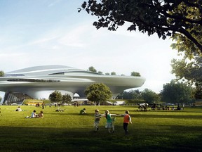 This undated file concept design provided by the Lucas Museum of Narrative Art shows a rendering of their proposed museum in Exposition Park in Los Angeles. "Star Wars" creator George Lucas and his team announced Tuesday, Jan. 10, 2017, they have chosen Los Angeles over San Francisco as the home of the museum that will showcase his work. After what organizers called an extremely difficult decision, they announced Tuesday that the museum will be built in Exposition Park in Los Angeles, where it will sit alongside many other more traditional museums. (Lucas Museum of Narrative Art via AP, File)