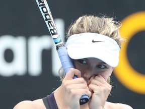 Eugenie Bouchard celebrates her win against Anastasia Pavlyuchenkova in their women's quarterfinal match at the Sydney International tennis tournament on Jan. 11, 2017. (AFP PHOTO/GLENN NICHOLLS)