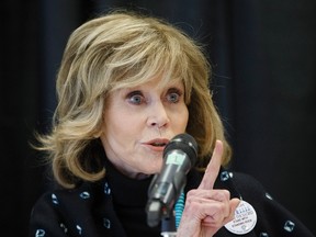 Jane Fonda speaks during a press conference along with indigenous leaders in Edmonton, Alta., on Wednesday, January 11, 2017. THE CANADIAN PRESS/Jason Franson