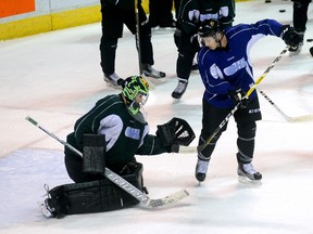 Goaltender Tyler Parsons with new London Knight Dante Salituro during a tip drill at practice with his new team at Budweiser Gardens on Wednesday. (MORRIS LAMONT, The London Free Press)